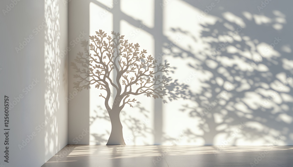 Obraz premium Tree Decoration on Wall Casting Shadow in Bright Room Light
