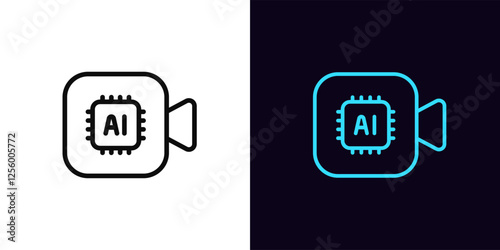Outline AI camera icon, with editable stroke. AI video processing algorithms. Neural network for generating movie and music clip, artificial intelligence for video content production. Vector icon