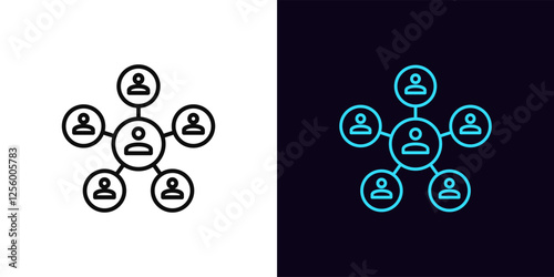 Outline leader icon, with editable stroke. Central chief, centralized management system. Head authority, team control organization, teamwork manage, distribution system, social network. Vector icon