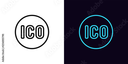 Outline ICO icon, with editable stroke. Round tag for Initial coin offering. New token on crypto exchange, attract money with ICO, launch new cryptocurrency, investments in crypto coins. Vector icon