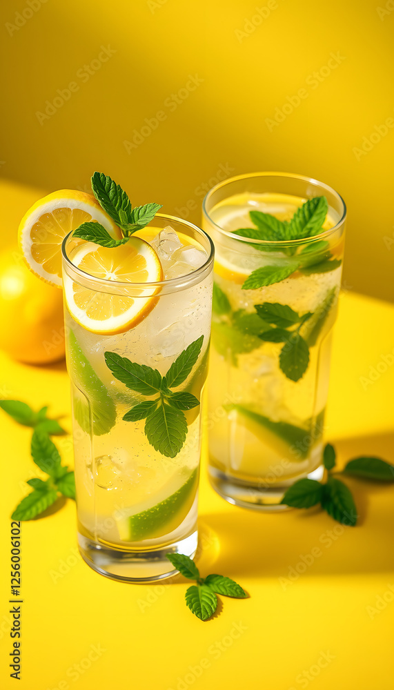 Fruit water with lemon and mint leaves on combined yellow and green background. Two glasses of cool carbonated cocktail with citrus, retro style. with white shades Fruit water with lemon and mint leaves on combined yellow and green background. Two glasses of cool carbonated cocktail with citrus, retro style. with white shades