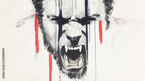 Intense black and white portrait of a man's face, transformed into a ferocious beast.  Red and black paint strokes add drama.