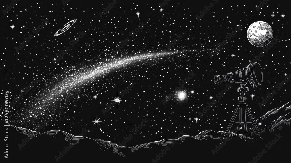 Naklejka premium Cosmic Exploration with Telescope on Moon Surface Featuring Stars, Galaxy, Saturn, and Bright Moon Against Black Space Background