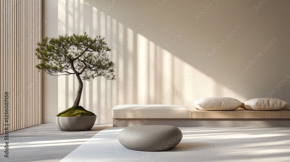 Zen-style lounge with minimalist furnishings, natural light, a bonsai tree, and a smooth stone centerpiece to create a calming space Zen-style lounge with minimalist furnishings, natural light, a bonsai tree, and a smooth stone centerpiece to create a calming space