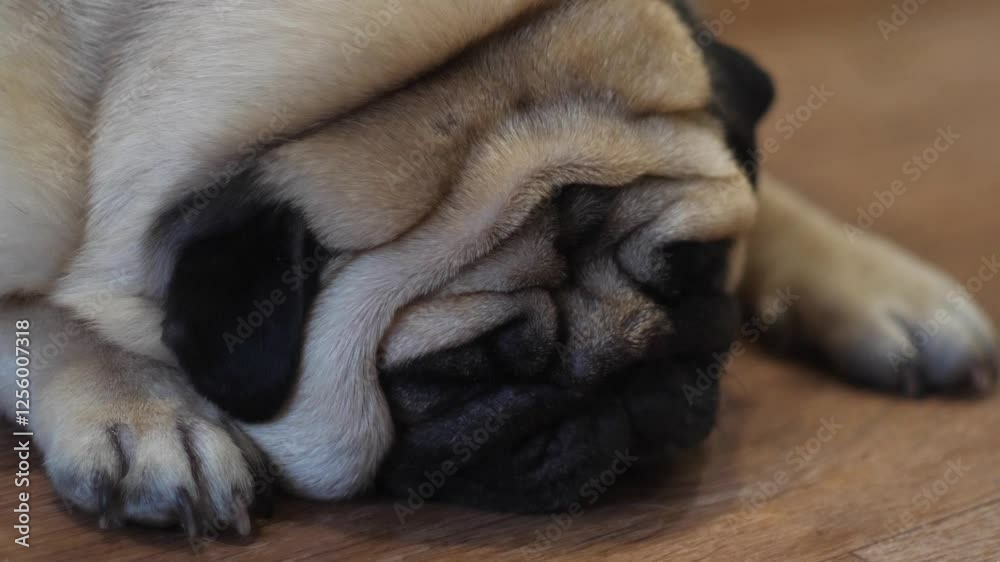 close-up of the muzzle of a purebred pug lying down, resting and faithfully waiting for its owner, everyday life of dogs close-up of the muzzle of a purebred pug lying down, resting and faithfully waiting for its owner, everyday life of dogs