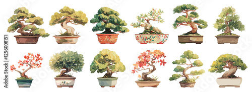 Bonsai trees. Watercolor japanese plant art hobby, small decorative house tree in pot set vector illustration