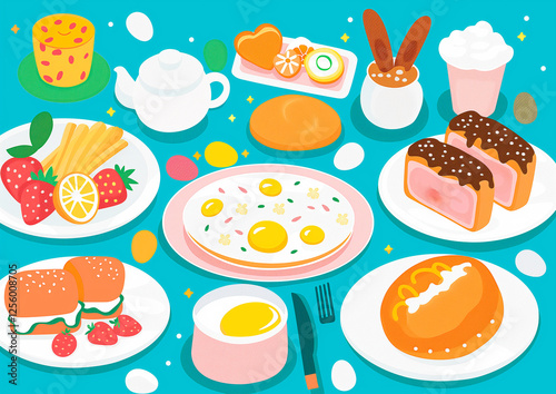 illustration of easter breakfast, brunch, dinner, lunch, food