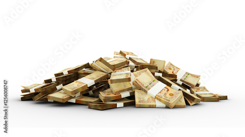  Stacks of Thai baht notes a lot of money over transparent background. 3d rendering of bundles of cash	