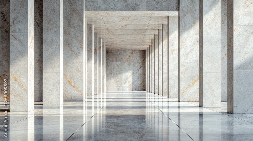 Empty marble colonnade hallway, sunlight streams in Empty marble colonnade hallway, sunlight streams in
