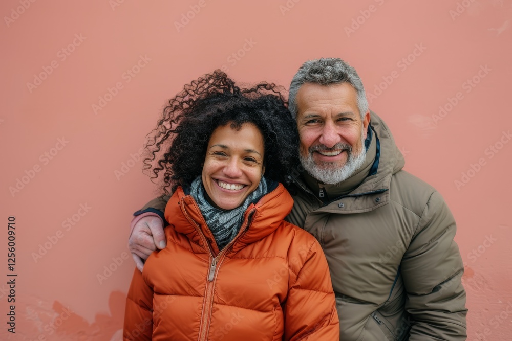 Portrait of a happy multiethnic couple in their 40s donning a durable down jacket while standing against solid pastel color wall Portrait of a happy multiethnic couple in their 40s donning a durable down jacket while standing against solid pastel color wall