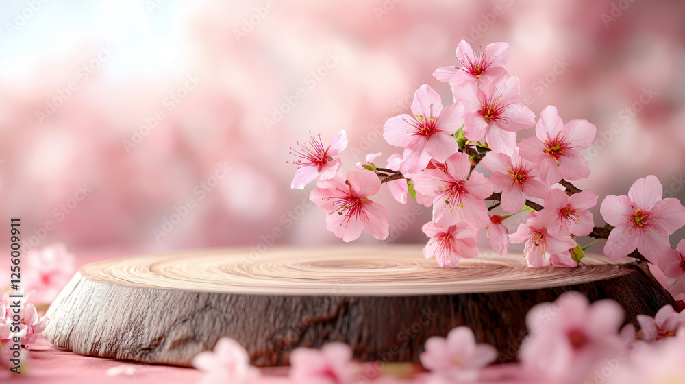 Serene cherry blossom branch on podium wooden surface a nature still life Serene cherry blossom branch on podium wooden surface a nature still life