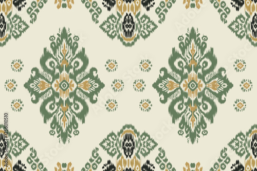 Seamless Floral Embroidery Ikat Fabric Background with Traditional Oriental Aztec Vector Patterns. Perfect for Textures, Fabrics, Clothing, Shawls, Sari and Scarves.