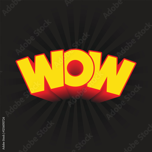 Wow logo with comic style 3d text effect isolated on black background. Wow sticker, tag, label, badge vector illustration. Modern typography design. Bubble lettering.