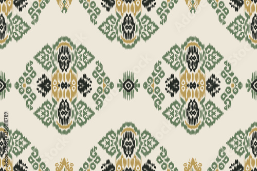 Seamless Floral Embroidery Ikat Fabric Background with Traditional Oriental Aztec Vector Patterns. Perfect for Textures, Fabrics, Clothing, Shawls, Sari and Scarves.