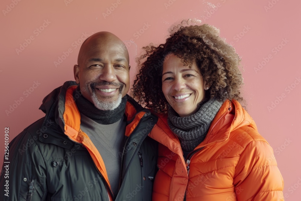 Portrait of a smiling multiethnic couple in their 40s donning a durable down jacket isolated on solid pastel color wall