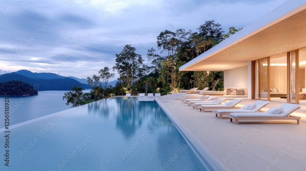 Fototapeta premium Luxury villa infinity pool, sunset view, tropical island