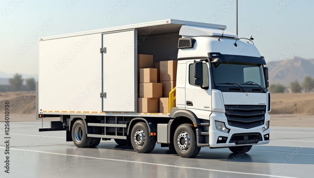 Fototapeta premium Large white truck its back door open loading Optimizing Delivery: Boxes Packed