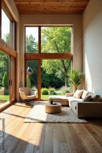 Serene Living Room with Expansive Views and Natural Light Bathing Hardwood Floors