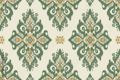 Seamless Floral Embroidery Ikat Fabric Background with Traditional Oriental Aztec Vector Patterns. Perfect for Textures, Fabrics, Clothing, Shawls, Sari and Scarves.
