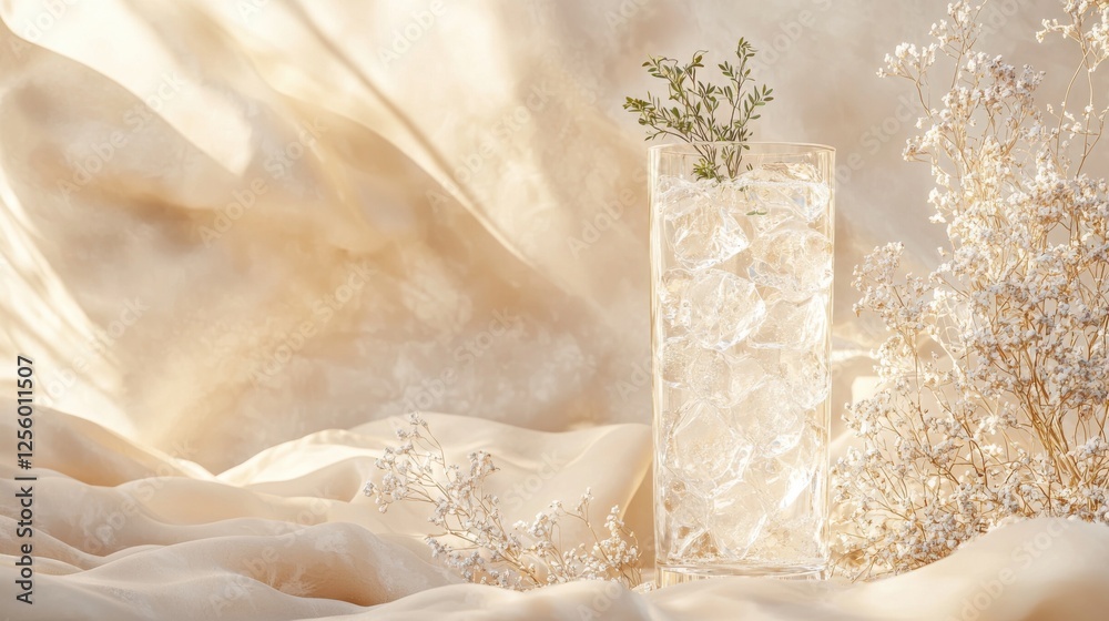Refreshing drink with ice and herbs soft background beverage calm environment close-up aesthetic appeal Refreshing drink with ice and herbs soft background beverage calm environment close-up aesthetic appeal