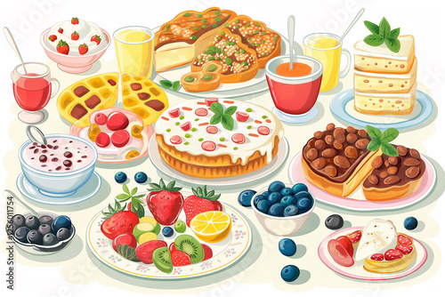 illustration of easter breakfast, brunch, dinner, lunch, food