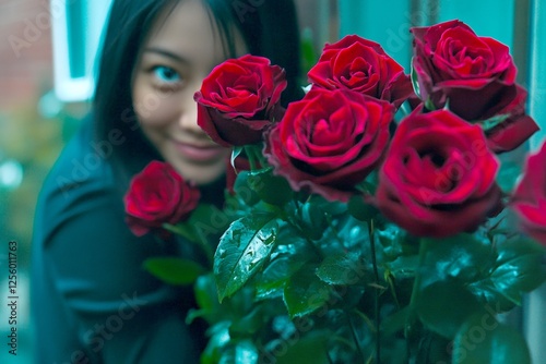 Stunning bold image of attractive loving asian young woman - commercial digital ads concept. Valentine's day greeting from woman or for woman. Couple goals. Love lifestyle. Couple intimacy. photo