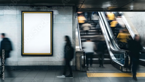 Fototapeta Naklejka Na Ścianę i Meble -  Motion Blurred Commuters in Subway Station with Blank Advertising Space