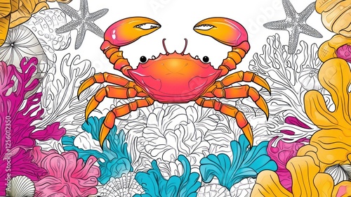 Colorful crab in coral reef illustration.  Possible coloring book image photo