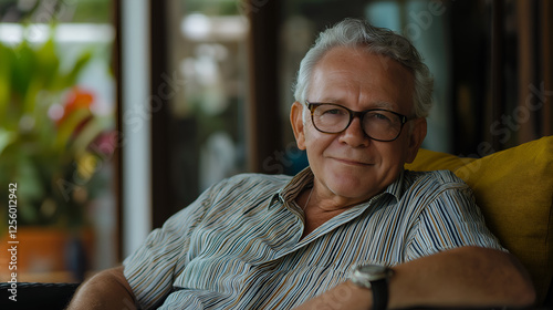 Senior man, portrait and retirement in house for relax, peace and positive mood on weekend on sofa