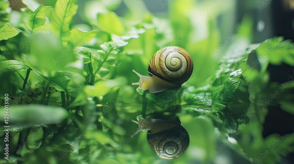 Snail crawling on lush green plants, reflection visible, nature background, terrarium use Snail crawling on lush green plants, reflection visible, nature background, terrarium use