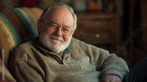 Senior man, portrait and retirement in house for relax, peace and positive mood on weekend on sofa