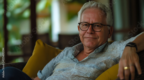 Senior man, portrait and retirement in house for relax, peace and positive mood on weekend on sofa