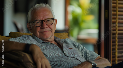 Senior man, portrait and retirement in house for relax, peace and positive mood on weekend on sofa