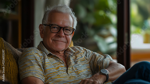 Senior man, portrait and retirement in house for relax, peace and positive mood on weekend on sofa