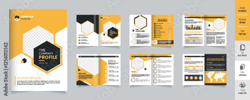 12 page bifold  corporate brochure template minimalist design, Company profile brochure design yellow and black color