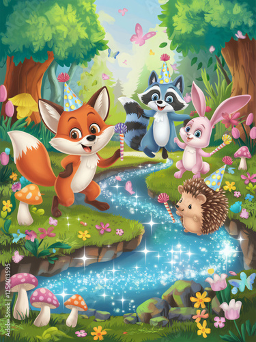 Bright and Cheerful Forest Scene with Animals Celebrating
