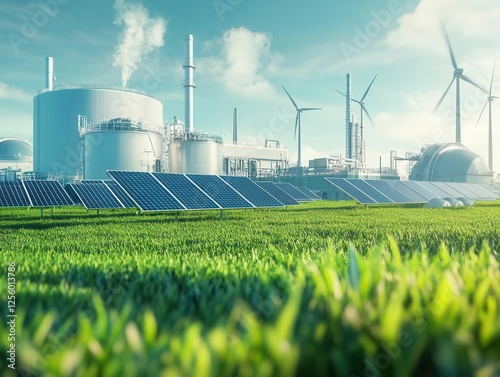 Green Hydrogen Renewable Energy Facility with Solar and Wind Turbines, Clean Electricity Production photo