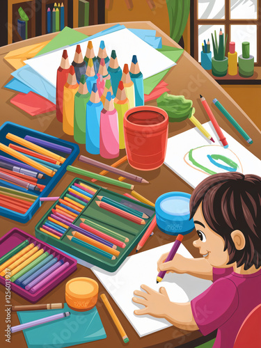 Children’s Activity Illustration with Crayons and Drawing on Table