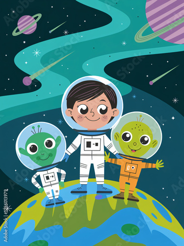 Children’s Book Cover with a Cartoon Space Adventure Featuring Astronauts and Aliens