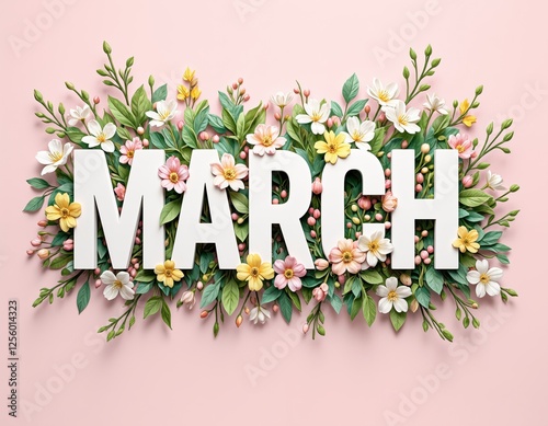 March typography with colorful floral arrangement on pink background. 3D text design with flowers and leaves. Springtime season and nature concept for greeting card, poster, and wallpaper.