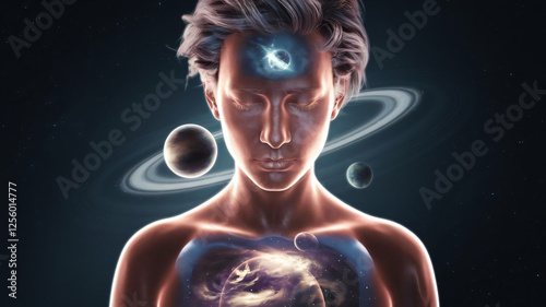 Futuristic Cinematic Shot of a Person with Planets and Cosmic Energy - Cosmic Wallpaper