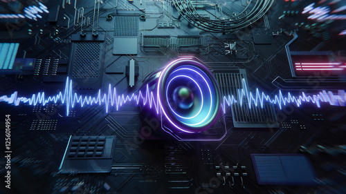 Futuristic Digital Circuit with Audio Waves and Speaker