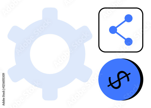 Gear representing efficiency with a dollar sign symbolizing finance and a share icon illustrating connectivity. Ideal for business, technology, productivity, finance, collaboration, optimization