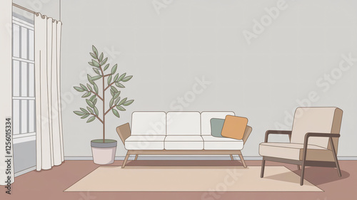 Minimalist Living Room with White Sofa and Greenery for Interior Design