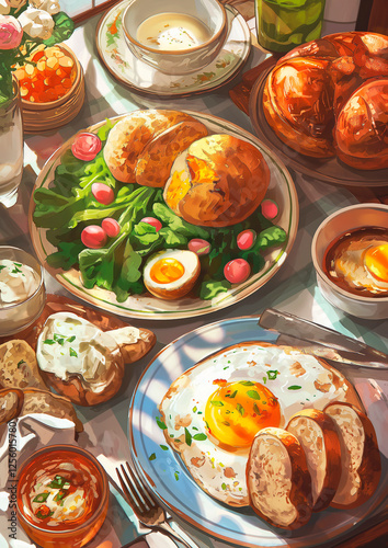 illustration of easter breakfast, brunch, dinner, lunch, food
