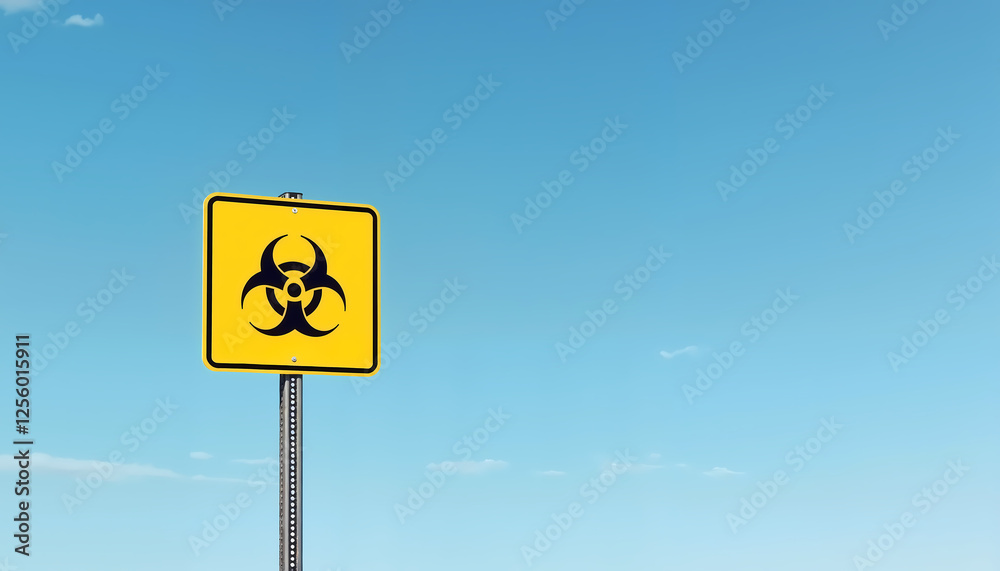 Yellow biohazard warning road sign with black hazard symbol against blue sky Yellow biohazard warning road sign with black hazard symbol against blue sky