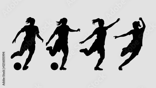 A vector set of woman soccer player silhouette icons, showcasing various dynamic poses such as dribbling, kicking, passing, and celebrating a goal. 