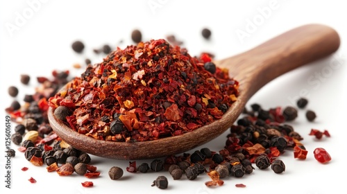 Fototapeta Naklejka Na Ścianę i Meble -  Red spice blend in wooden spoon with peppercorns on white background