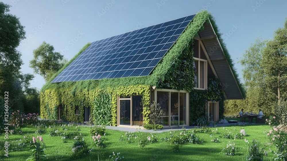 Obraz premium A tall building covered in lush greenery and plants on every balcony, surrounded by trees and other buildings, with a rooftop garden and solar panels, showcasing urban sustainability and green archite