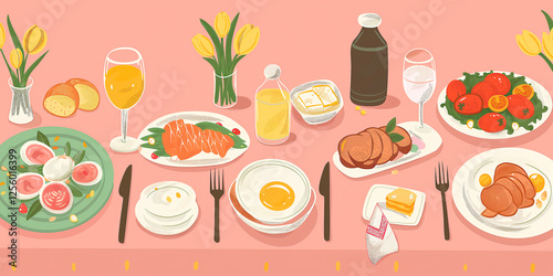 illustration of easter breakfast, brunch, dinner, lunch, food